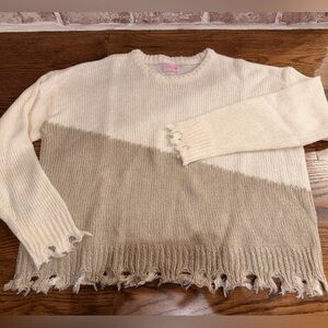 Pink Lily Cream and Tan Distressed Sweater